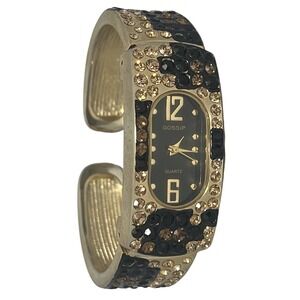 Gossip Gold Tone Black & Champagne Rhinestone Cuff Bracelet Watch Untested
